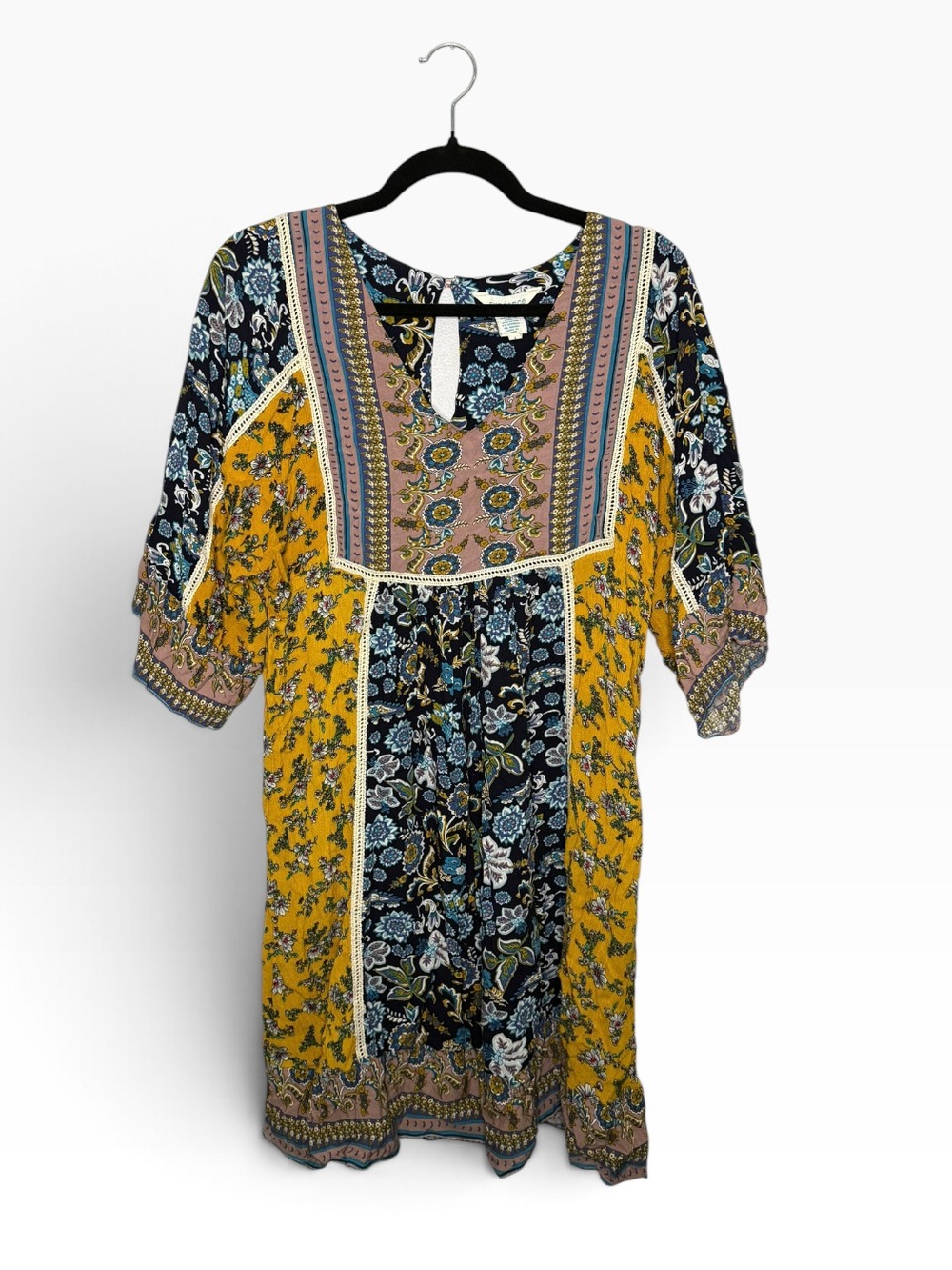 Sundance Boho Patchwork Floral Dress in Blue/Yellow L